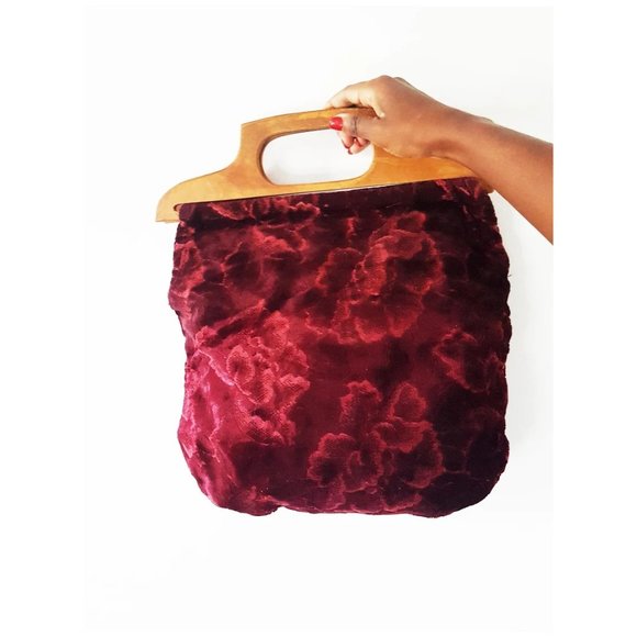 1970s Velvet Floral Bag with Wooden Handles, Vintage Velvet Bag, - Picture 1 of 7